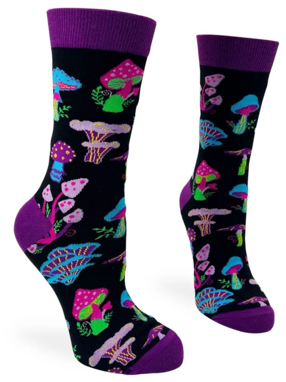 Fabdaz Trippy Mushrooms Shroomz Sparkly Colorful Crew Socks Purple Black